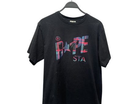 A BATHING APE T-Shirt L Cotton BLK Graphic plaid star logo Supply