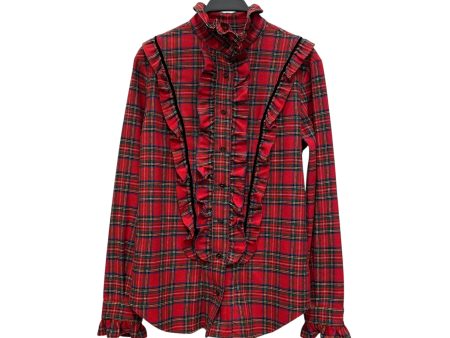 SAINT LAURENT LS Shirt L Plaid Wool RED RUFFLED COLLAR Sale